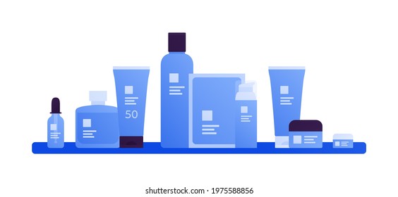 Fascial and skin care, beauty product concept. Vector flat modern illustration. Set of different makeup blue bottle standing on horizontal shelf isolated on white. Design for cosmetic industry.