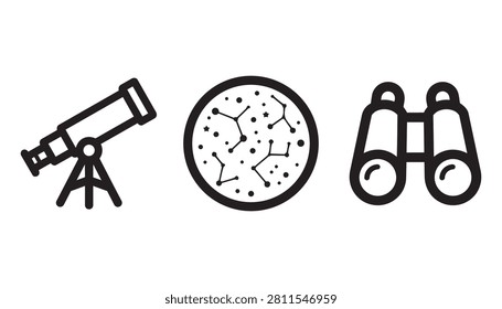 A fascinating astronomy and observation icon set in clean black and white outline style, featuring telescopes, the moon, binoculars, and stargazing symbols. Ideal for astronomy club design, science education materials, outdoor adventure brand illustration, stargazing event promotion, and space-themed graphic projects.