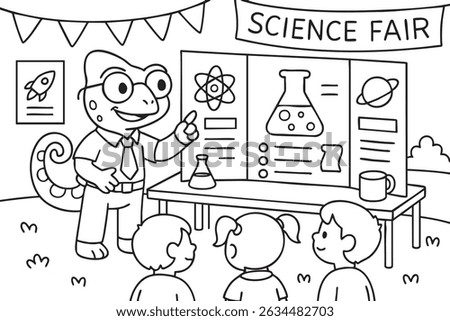 A fascinating chameleon is enthusiastically giving a captivating presentation at a lively science fair to an eager group of children eager to learn