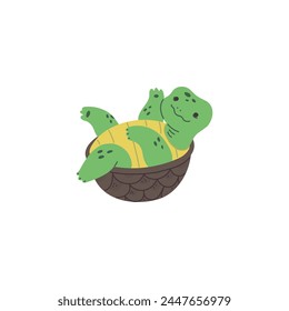 Fascinating children's vector design of a cheerful green turtle on its back with a side view. A whimsical isolated flat illustration, perfect for children's themes.