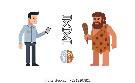 Fascinating comparison of prehistoric caveman vs modern digital man showing human genetic and brain evolution.