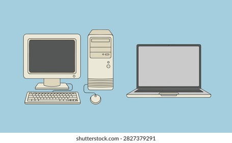 Fascinating evolution of technology is shown through a comparison of an old desktop computer and a modern sleek laptop.