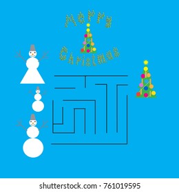 A fascinating game for the whole family in a maze, a mystery. Print for the designer. Gift card, badge. A business card for a Christmas holiday. Competition who is faster. Snowmen and a Christmas tree