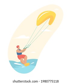 Un kitesurf fascinante. Carácter masculino en la pizarra de casco corre por las olas sosteniendo paracaídas. Deportes extremos con saltos de adrenalina. Divertido estilo libre. Ilustración plana vectorial aislada