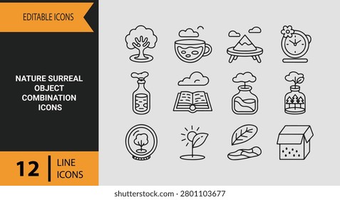 Fascinating nature surreal object combination outline icons created for avant garde art exhibitions experimental graphic designs and unique editorial layouts