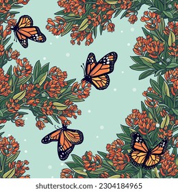 Fascinating seamless pattern with monarch butterflies on the butterfly milkweed