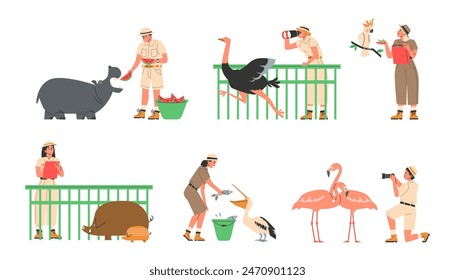 A fascinating set of zoology vector illustrations featuring characters caring for and observing animals in a zoo. Flat style images highlight the careful handling and study of animals.