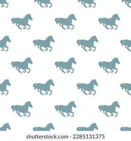 Fascinating square tile with an enthralling animal artwork. Seamless pattern with horse in running motion silhouette on cadet grey background. Design for a set of postcards with animals.