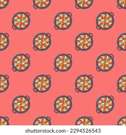 Fascinating square tile with an enthralling food artwork. Seamless pattern with ratatouille on light carmine pink background. Design for websites to create impact.