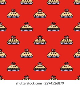 Fascinating square tile with an enthralling food artwork. Seamless pattern with pie on yellow (ncs) background. Design for an insulated wrap for burritos.