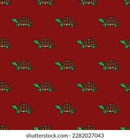 Fascinating square tile with a merry animal picture. Seamless pattern with turtle on ruby red background. Design for keychains featuring animals.