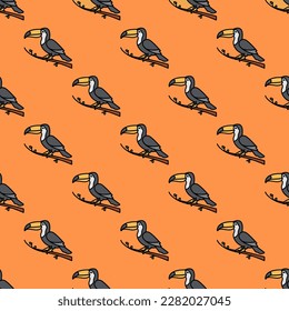 Fascinating square tile with a merry animal picture. Seamless pattern with toucan on sandy brown background. Design for a set of postcards with animal photos.