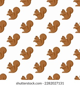 Fascinating square tile with a merry animal picture. Seamless pattern with squirrel on carmine background. Design for a set of posters with animal drawings.