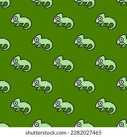 Fascinating square tile with a merry animal picture. Seamless pattern with chameleon on avocado background. Design for a logo with an animal icon.