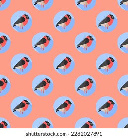 Fascinating square tile with a merry animal picture. Seamless pattern with bullfinch on light salmon pink background. Design for a set of stickers with animal prints.