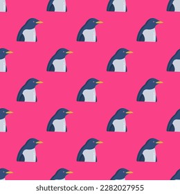 Fascinating square tile with a merry animal picture. Seamless pattern with penguin on rose bonbon background. Design for a tote bag with an animal silhouette.