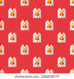 Fascinating square tile with a merry animal picture. Seamless pattern with chicken on bubble gum background. Design for brochures with illustrations of farm animals.