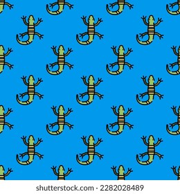 Fascinating square tile with a merry animal picture. Seamless pattern with lizard on dark turquoise background. Design for notebooks with pictures of zoo animals.