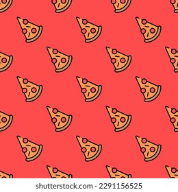 Fascinating square tile with a merry food picture. Seamless pattern with pizza on red-orange background. Design for a Fourth of July banner.