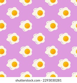 Fascinating square tile with a merry food picture. Seamless pattern with egg on light pastel purple background. Design for an insulated wrap for French fries.