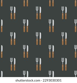 Fascinating square tile with a merry food picture. Seamless pattern with cutlery on charcoal background. Design for a textured wallpaper.