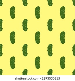 Fascinating square tile with a merry food picture. Seamless pattern with cucumber on mellow yellow background. Design for a safe wrap for fries.