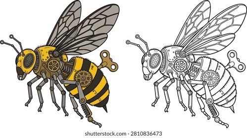 A fascinating steampunk bee illustration featuring intricate mechanical details and a classic windup key