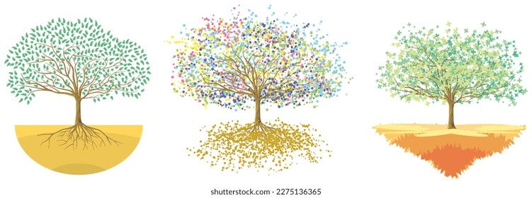 Fascinating trees isolated on white background in three different attibutes in vector illustration