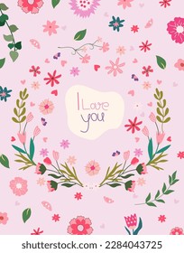 Fascinating vector illustration of a floral wreath with the word love, for use in card templates, home accents, posters and apparel design. Vector Illustration.