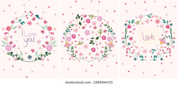 Fascinating vector illustration of a floral wreath with the word love, for use in card templates, home accents, posters and apparel design. Vector Illustration.