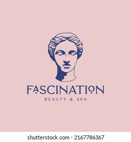 Signo vectorial de belleza de la fascinación y SPA, símbolo, plantilla de logotipo. Ilustración de la cabeza de la estatua de la anciana griega dibujada a mano con tipografía clásica. Emblema de Servicios de Atención de la Salud. Aislado