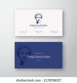 Fascination Beauty and SPA Abstract Vector Logo Business Card Template. Antique Greek Lady Statue Head Illustration with Typography. Health Care Emblem. Premium Stationary Realistic Mock Up. Isolated