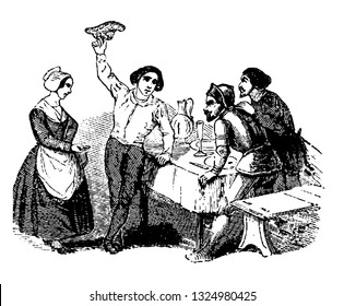 Fascination is a kind of charm that makes us do not see things as they are and by this Jewish cut head and then put everything back as they are, vintage ine art illustration. Infernal Dictionary 1863.