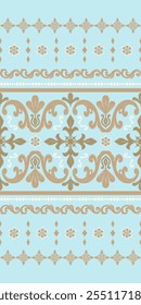 Fascinación de la baldosa sin costuras Royal Blue Pastel Antiguas. Decoración de brocado de seda dorada y beige de lujo para la marca elaborada del diseño de trabajo detallado. Vector de patrones de flores ricas y ricas victorianas.