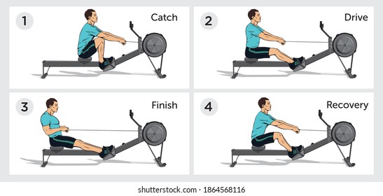 fases of rowing exercise guide scheme, vector image