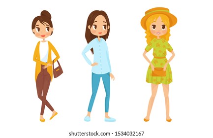 Fashin Girl Characters Standing In Different Poses Vector Illustrations