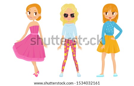 Fashin Girl Characters Standing In Different Poses Vector Illustrations