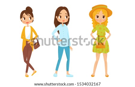 Fashin Girl Characters Standing In Different Poses Vector Illustrations