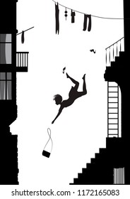 Fashinable Girl On Hight Heels Falling From The Stairs, Silhouette Of Falling Girl Vector