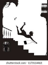 Fashinable Girl On Hight Heels Falling From The Stairs, Dangerous  Fashion Shoes Concept, Silhouette Of Falling Girl Vector