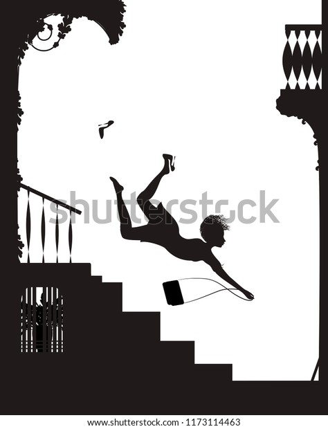 高いかかとの上の化け物の女の子が階段から落ちる 危険なファッションシューズのコンセプト 落ちる 女の子のベクター画像のシルエット のベクター画像素材 ロイヤリティフリー