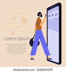 Fashinable woman looks in smartphone and chatting in virtual social network or take a photo, selfi, play a game . She has phone addiction, device bad habit. SAVE YOURSELF, will be freedom.