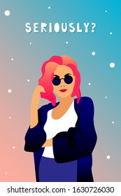 Fashinable woman in sunglasses. Young beauty pink hair lady portrait for design card, modern party invitation, feminism conceptual event, girls power poster, shop sale, fashion show background etc.