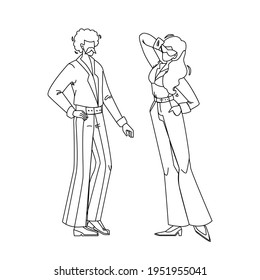 Fashion 1970 Year Disco Style Young People Black Line Pencil Drawing Vector. Man And Woman Wearing Fashion 1970 Clothes, Retro Costume. Characters Vintage Stylish Dressed, Glamor Clothing Illustration