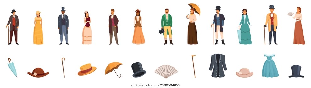  Fashion 19th century icons set. Victorian men and women wearing elegant clothes, hats, using umbrellas, canes and fans