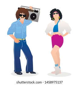 Fashion 80's dress ,style. The guy and the girl in clothes and accessories for 80 years.Flat design,isolated on white.Vector image.