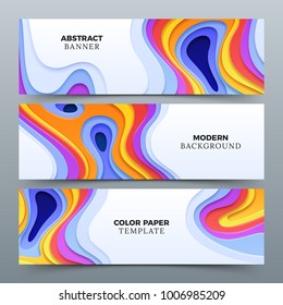 Fashion abstract advertising vector banners with 3d paper cutting curved shapes. Banner business brochure with colored paper illustration