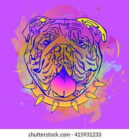 Fashion abstract colorful watercolor vector background with English bulldog. Fashion dog