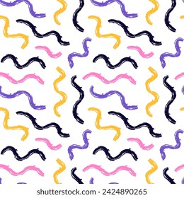 Fashion abstract contemporary seamless pattern with colored dry brush crayon charcoal wavy lines. Graphic squiggle vector. Modern trendy Vector. Grunge, texture pattern for textile prints.