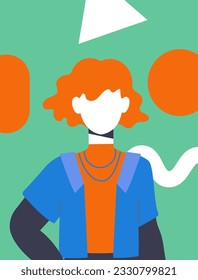 Fashion abstract cover with girl concept. Woman in fashionable clothes at background of geometric figures. Minimalistic creativity and art. Glamor and style. Cartoon flat vector illustration